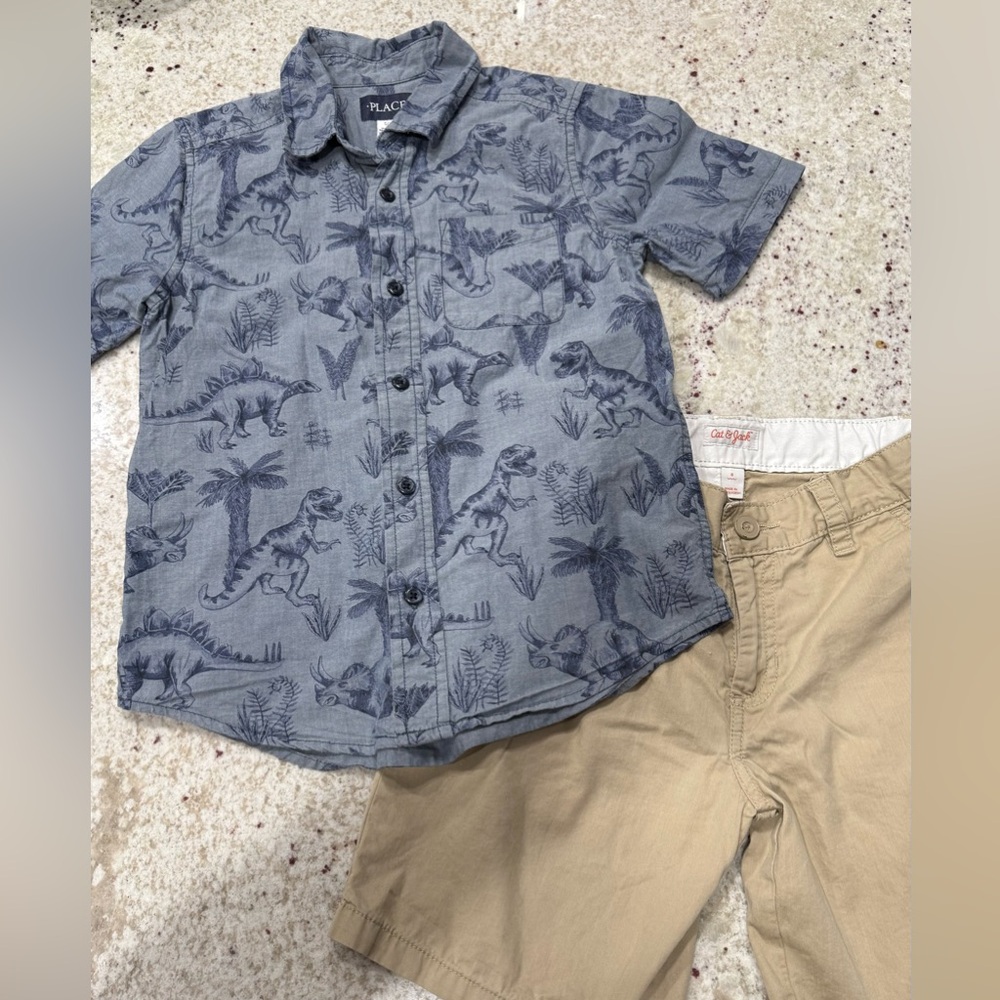 Boys Dinosaur Button Down Shirt & Short 2pcs Bundle Set Size 7/8